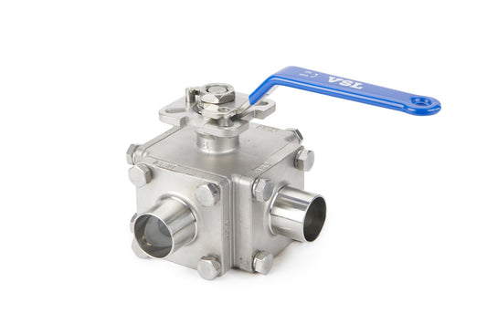 Ball Valve 3 - Way Stainless Steel Standard Bore Aseptic Butt Weld OD (BWOD) ends (CCW - 3TDL/T) - Valve Supply